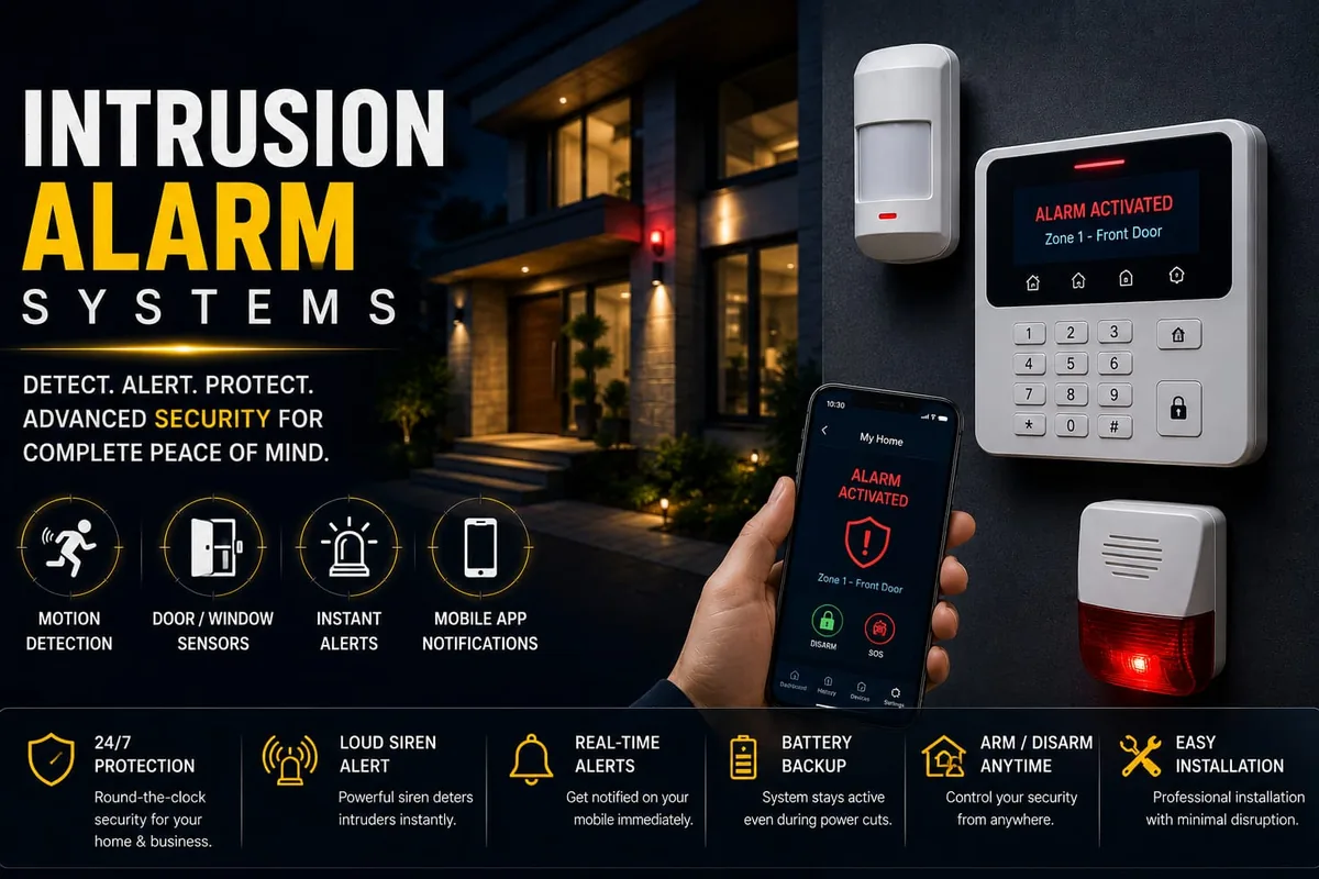 SS SecurSys intrusion alarm system — control panel, sensors, siren and remote